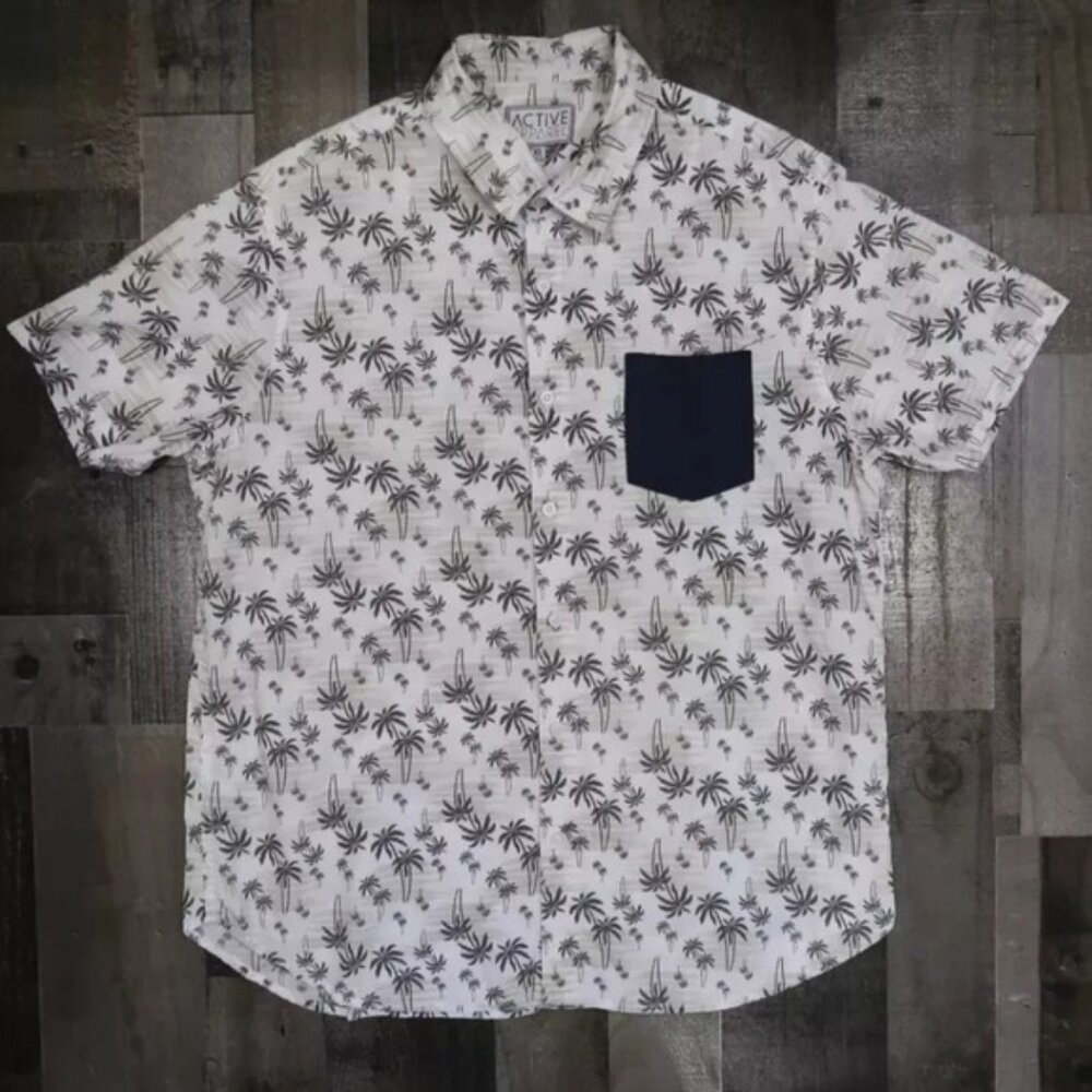 Active Apparel Mens XL Palm Tree Button Up Short Sleeve Shirt Hawaiian